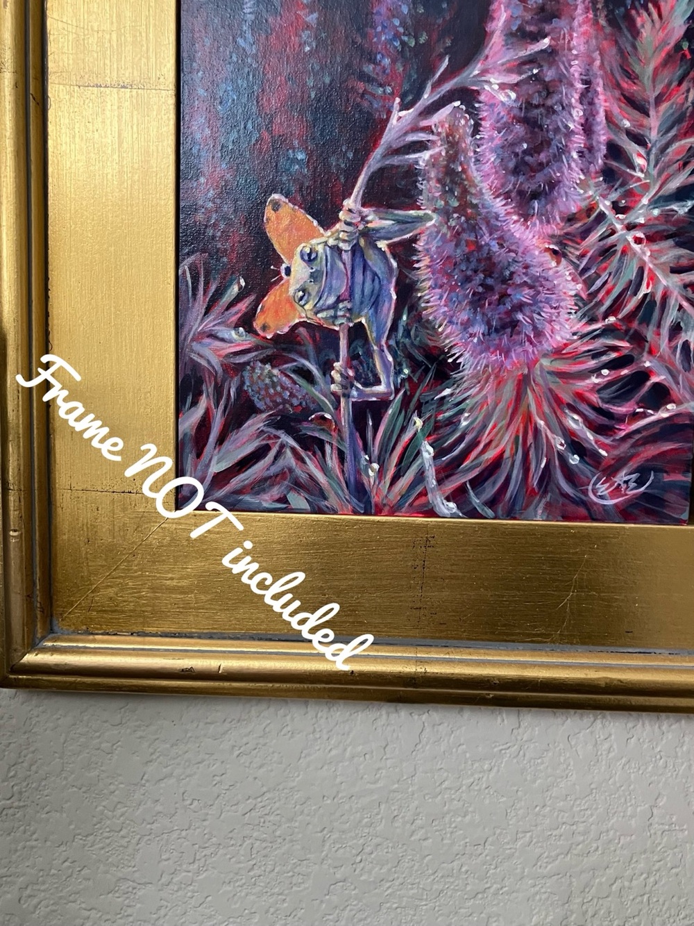 Original flying frog painting funny art floral still life jumping frogs artwork